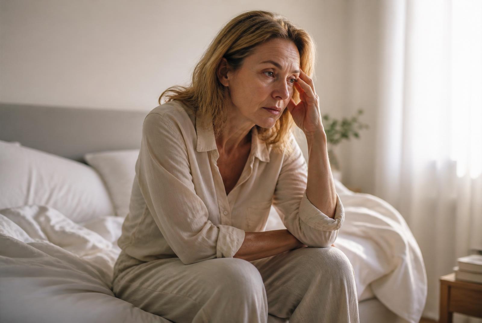 A woman in her early 50s sitting on the edge of her bed in the morning light.